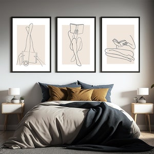 Set of 3 Woman Reading FRAMED Line Art Minimalist Beige Decor Abstract Line Book Decor Feminine Print Line Art Poster Love Book Wall Art