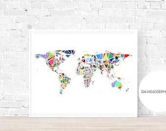 World Map Print, Minimalist Print, Colourful Map, Home Decor, Digital Print, Instant Download, Gift