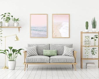 Conjunto de 2 FRAMED Pink Beach Print Pastel Beach Print Pink Blue Beach Wall Art Summer Ocean Decor Pink Beach Wall Art Pink beach Poster