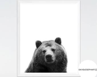 Bear Print, Woodlands Animal Poster, Nursery Wall Art, Animal Photography, Black and White, Bear Poster, Digital Download, Minimalist Print