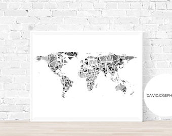 Minimalist World Map Print, Black and White Geometric Art (Digital Print)