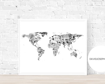 World Map Print, Minimalist Print, Black and White, Home Decor, Digital Print, Instant Download, Gift