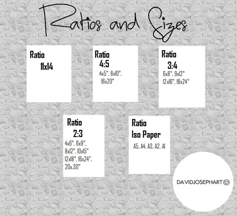 May include: A chart showing different aspect ratios and their corresponding sizes in inches. The ratios include 11x14, 4:5, 3:4, 2:3, and Iso Paper. The chart also includes the standard sizes for each ratio.