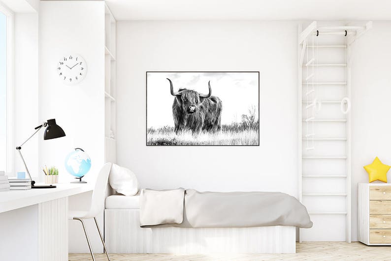 Highland Cow Print Farm Animal Wall Art Black and White Etsy