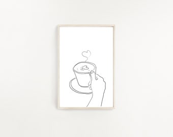 May include: Line art drawing of a hand holding a cup of coffee with a heart-shaped design in the foam and steam rising from the cup.