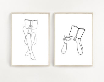 Women Reading Line Art Print Set, Minimalist Feminine Poster (Digital Download)