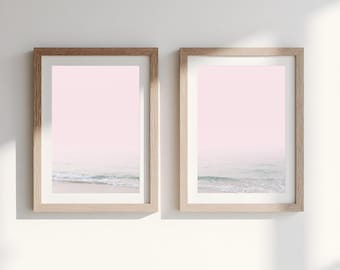 Pink Beach Wall Art Set of 2 – Coastal Prints, Minimal Ocean Poster Set, Unframed Pastel Sea Wall Decor for Modern Home