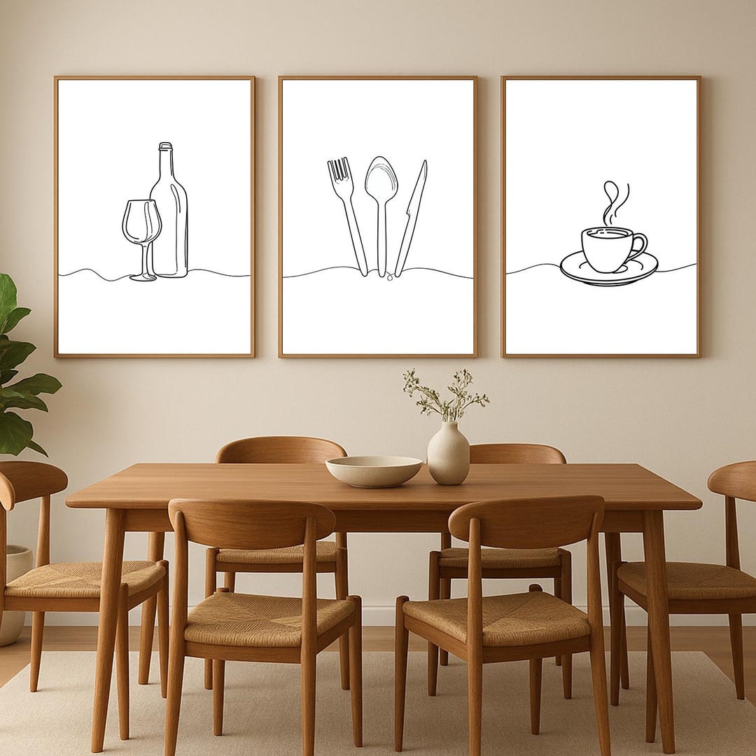 minimalist kitchen prints: line art botanical & still... Framed Minimalist Kitchen Wall Art Set of 3 | Wine, Cutlery & Coffee ...