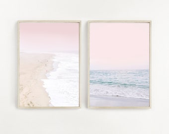 Conjunto de 2 impresiones de playa rosa, impresión de playa pastel, arte de pared de playa azul rosa, decoración del océano de verano, arte de pared de playa rosa, cartel de playa rosa