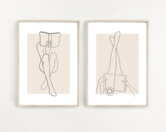 Woman Reading Line Art Print Set, Minimalist Female Figure (Digital Download)