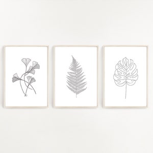 Set Of 3 Abstract Line Art Prints, Fern Print, Ginkgo Print, Monstera Print, Abstract Botanical, Large Wall Art, Tropical Print
