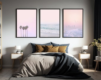 Conjunto de 3 FRAMED Pink Beach Print Pastel Pink Print Blush Pink Print Pink and Blue Beach Wall Art Summer Print Tropical Wall Art