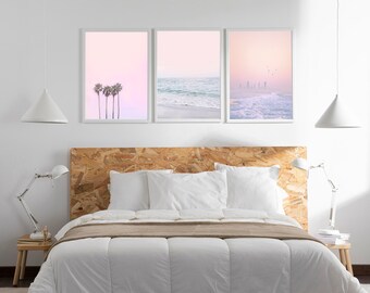Conjunto de 3 UNFRAMED Pink Beach Print Pastel Pink Print Blush Pink Print Pink and Blue Beach Wall Art Summer Print Tropical Wall Art