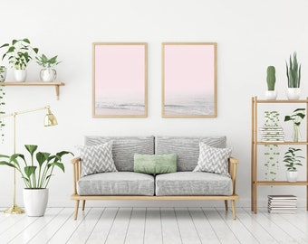 FRAMED Pink Beach Set of 2, Coastal Wall Art, Pink Blue Wall Art, Beach Sunset Print, Waves Wall Art, Beach Print, Beach Poster