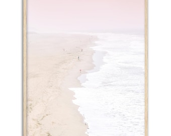 Póster enmarcado de playa aérea, impresión de playa rosa, arte de pared pastel, descarga digital, decoración de dormitorio, conjunto de impresiones en colores pastel, arte de pared costera