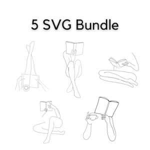 May include: A set of five line art illustrations of people reading books. The illustrations are in black and white and feature different poses and perspectives.