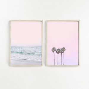Set of 2 Blush Pink Beach Print, Pastel Beach Print, Digital Download, Palm Trees Print, Tropical Wall Art, Beach Print, Summer Print,