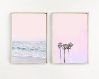 Blush Pink Beach Print Set, Palm Tree Tropical Wall Art (Digital Download)