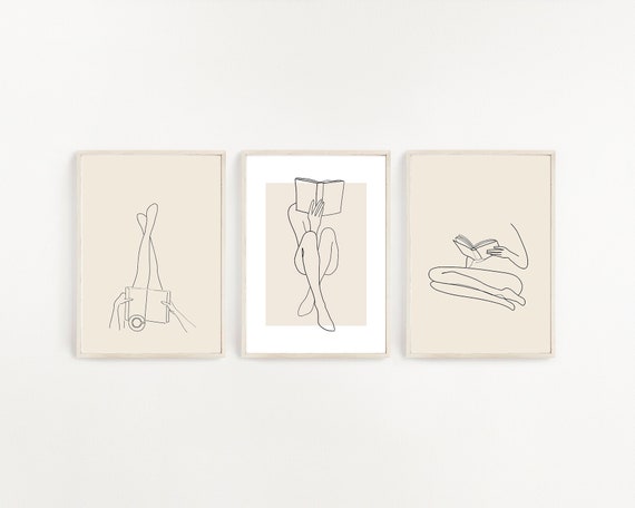 Set Of 3 Reading Women Line Art, Blush Pink Line Art, Love Reading Poster, Bookworm Poster, Printable Muse, Legs Line Art