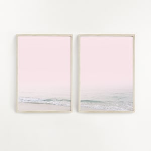 Pink Beach Set of 2, Coastal Wall Art, Pink Blue Wall Art, Beach Sunset Print, Waves Wall Art, Beach Print Download, Beach Printable