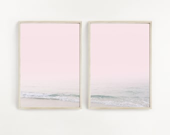 Pink Beach Set of 2, Coastal Wall Art, Pink Blue Wall Art, Beach Sunset Print, Waves Wall Art, Beach Print Download, Beach Printable