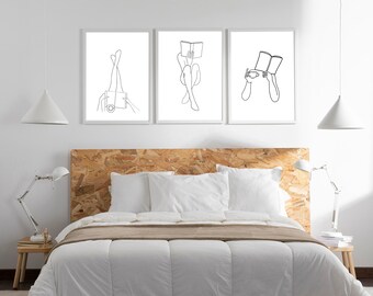 Set Of 3 UNFRAMED Reading Women Line Art Bookish Poster Bookworm Poster Book Lover Print Legs Line Art Book Line Drawing Woman Reading Art