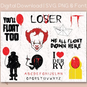 Puede incluir: Un conjunto de archivos digitales descargables SVG, PNG y fuentes que presentan los personajes y frases icónicos de la película de terror "IT". El conjunto incluye un globo rojo, las palabras "You'll Float Too", una cara de payaso, las palabras "Loser", un barco de papel, las palabras "We All Float Down Here", un corazón con las palabras "I Derry", una gabardina amarilla con un globo rojo y el alfabeto en una fuente estilizada.
