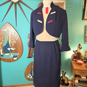 VTG 1940s Rayon Crepe 2pc Jacket Dress Set Patriotic Color Block Navy Red Cream WWII Dress Day Dress