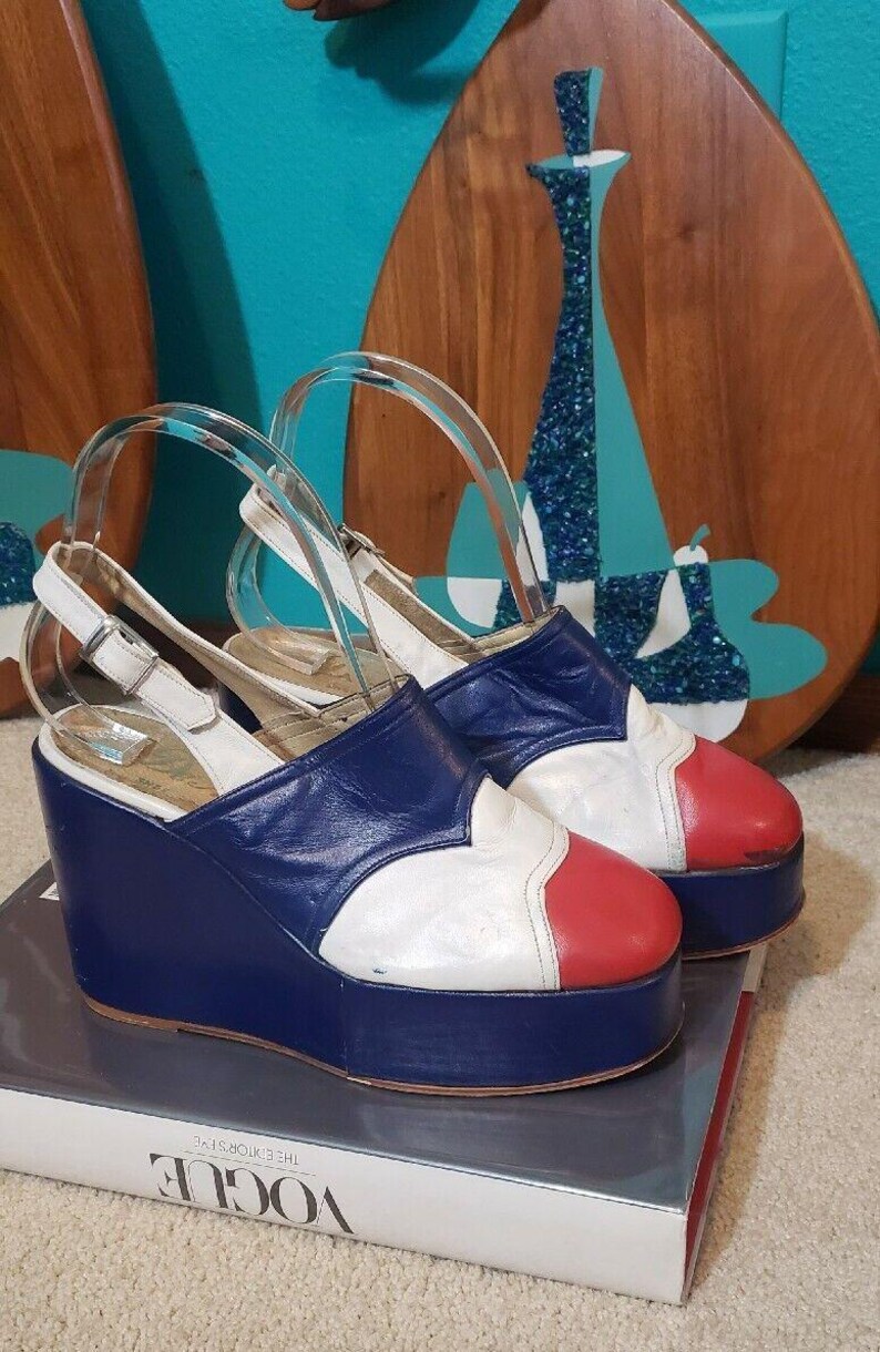 VTG 1960s 70s Platform Shoes Sandals Red White Blue Leather Mod Disco ...