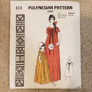 May include: Vintage sewing pattern titled "Polynesian Pattern Luau" with illustrations of two dresses. The pattern is size medium, bust 34-36. The cover is white with black text and a decorative border on the left side.