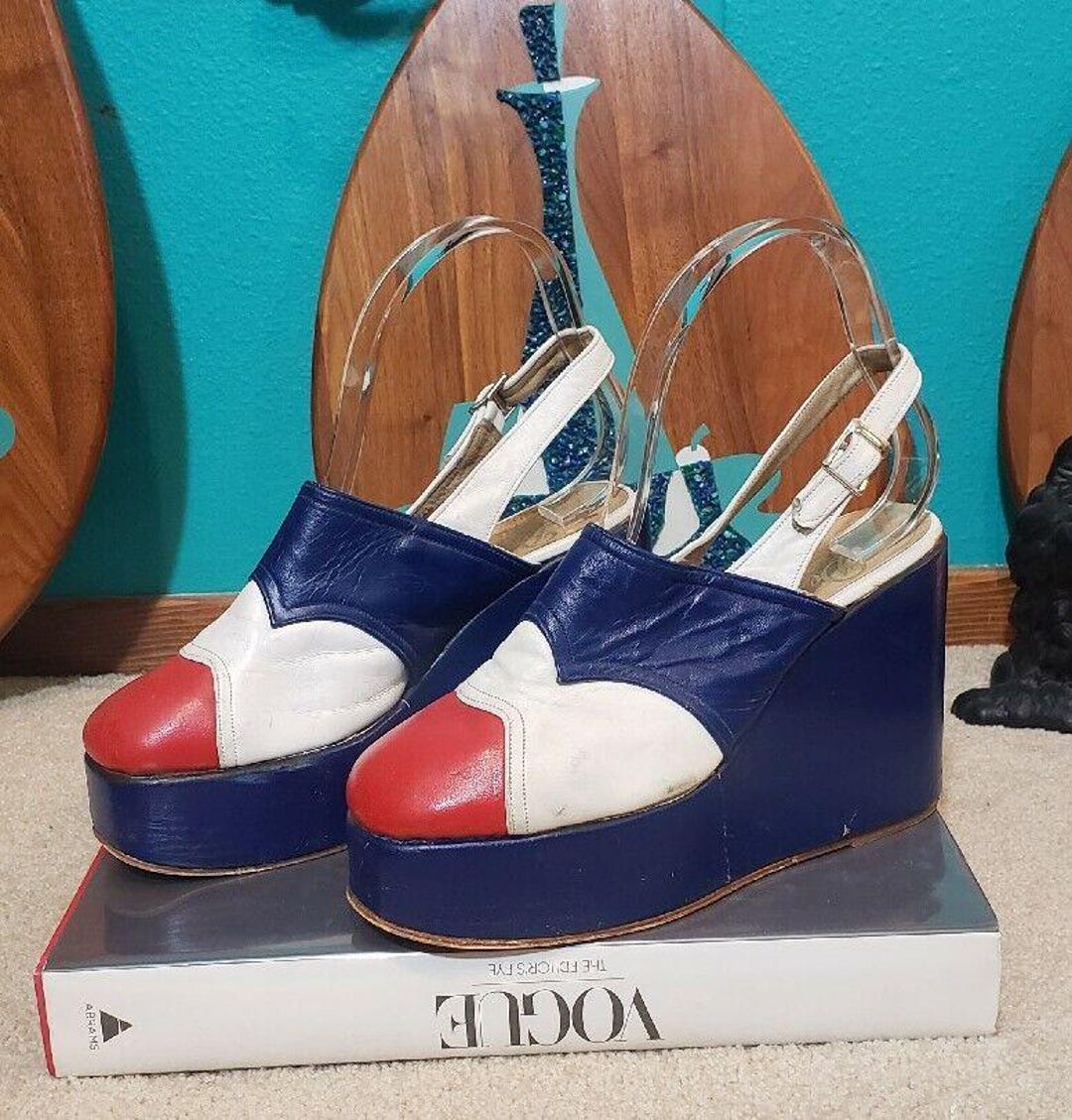 VTG 1960s 70s Platform Shoes Sandals Red White Blue Leather Mod Disco ...