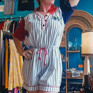 VTG 1980s paris sport club t shirt knit baseball shorts romper jersey color block sporty stripe jumper patriotic red white blue American