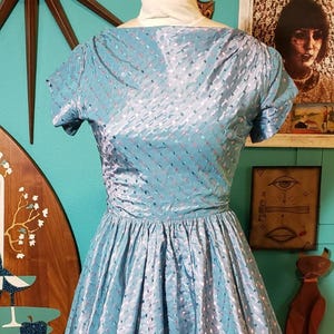 Vtg 1950s New Look Pink Blue Check Iridescent Taffeta Audrey Party Dress VLV S