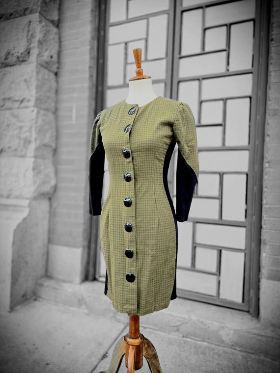 button front houndstooth bodycon dress Vintage Houndstooth Button Front Dress, Military Green Bodycon