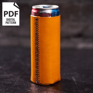 Enfriador de latas delgadas de cuero de 12 oz, funda Coozie, patrón, descarga digital PDF, proyecto de bricolaje para principiantes, trabajo de cuero, artesanía en cuero