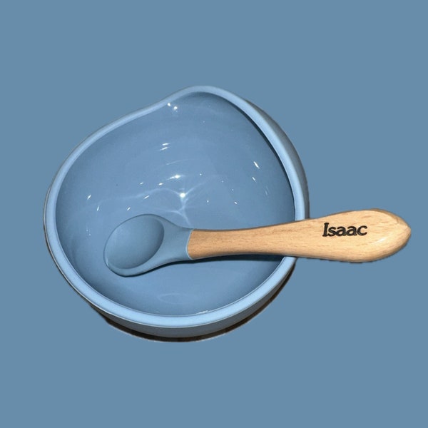 Bol en silicone ventouse bébé - set repas bebe - cuillère en bois personnalisée gravée - cadeau personnalisé bébé