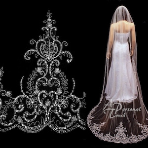 Elegant Floral Embroidered Edge Wedding Bridal Veil - Cathedral Length - Scallop Edge, Rhinestones, Pearls, Beads, Sequins - 108&quot; Long