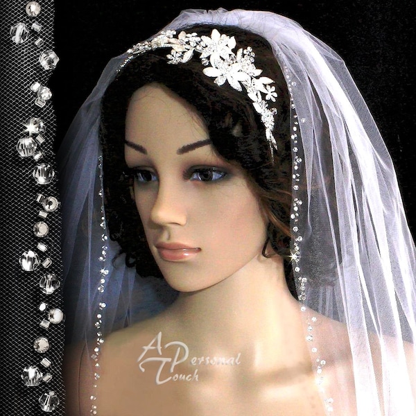 Crystals Rhinestones & Beaded Edge Veil -  Wedding Veil Fingertip or Cathedral, Royal Length - Bridal Veil - White, Ivory or Champagne