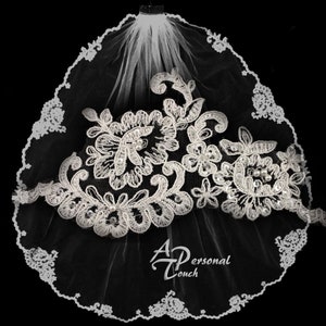 Floral French Lace Edge Wedding Bridal Veil - Scalloped Edge Fingertip Veil, or Cathedral Length - Floral Veil - White, Ivory or Champagne