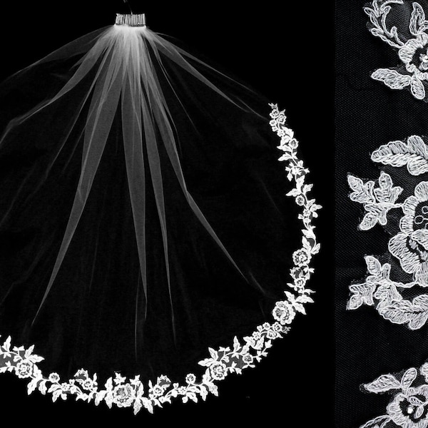 Fingertip Bridal Veil - French Lace - Rhinestone Wedding Veil - Embroidered Edge, Floral Rose Design, White, Ivory, Diamond White, Champagne