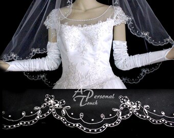 Stunning Embroidered Edge Wedding Veil - Pearls, Rhinestone & Beaded Edge, Floral Veil - Fingertip Bridal Veil or Cathedral - White, Ivory