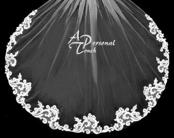 Fingertip Bridal Veil - Cathedral Length - Scrolling Lace Edge - Rhinestone Wedding Veil - White - Ivory - Champagne - 42&quot; x 60&quot; or 108 x 72