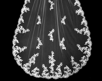 French Alencon Lace Veil - Cathedral Wedding Veil - Bridal Veil Ivory - White - Champagne - Rhinestone Veil -108 x 72