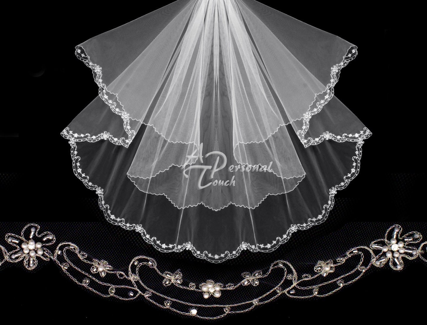 Silver Thread, Embroidered Floral Edge, Fingertip Length, Cascading Wing Cut Bridal Wedding Veil - Scallop Edge - Rhinestones, Pearls, Beads