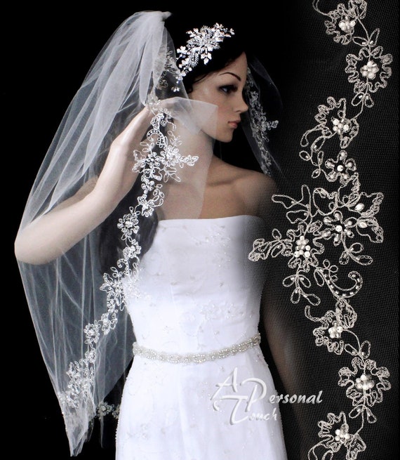Pearl Beaded Lace Edge Bridal Veil White Wedding Veil  Floral Embroidered White Lace Floral Veil Pearl Wedding Veil Beaded Wedding  main image 2