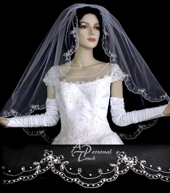 Stunning Embroidered Edge Wedding Veil - Pearls, Rhinestone  display picture 3
