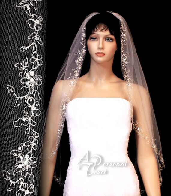 Pearl Beaded Lace Edge Bridal Veil White Wedding Veil  Floral Embroidered White Lace Floral Veil Pearl Wedding Veil Beaded Wedding  main image 4