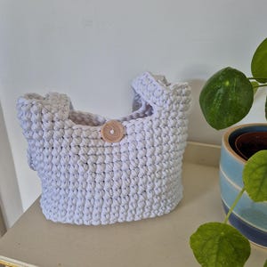 May include: A light blue crochet basket with two handles and a wooden button closure. The basket is made of thick, textured yarn and sits on a white surface. A potted plant with green leaves is in the background.