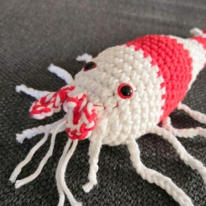 K&ouml;nnte beinhalten: Ein geh&auml;keltes Garnelenspielzeug in Wei&szlig; und Rot. Die Garnele hat einen segmentierten K&ouml;rper mit roten Streifen und kleinen schwarzen Augen. Sie hat wei&szlig;e Antennen und Beine. Das Spielzeug ist aus Garn gefertigt und soll wie eine Garnele aussehen.