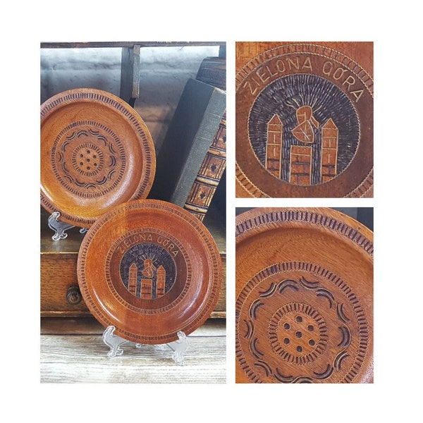 Vintage Hand Carved Wood Wall Plates of Zielona Gora with Coat of Arms Nazwa Art Pyrography Painted Folk Art Round Wooden Wall Art